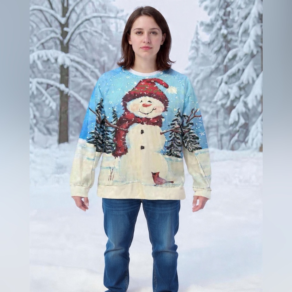 Cozy Snowman Holiday Sweatshirt - Blue & Cream